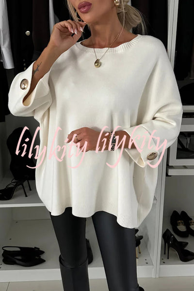 Elegance and Modern Knit Button Detail Half Sleeve Loose Sweater