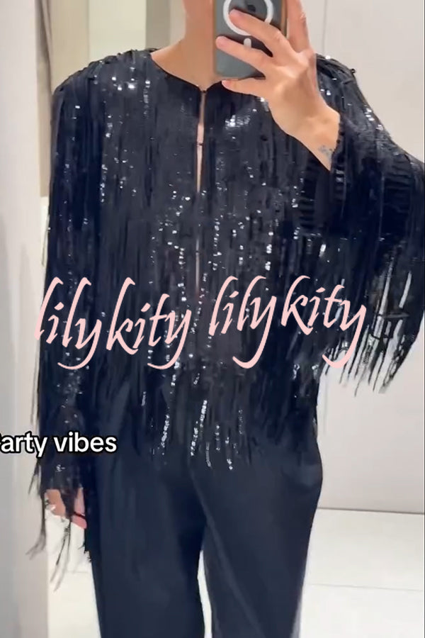 Party Crasher Layered Sequined Tassels Long Sleeve Loose Jacket