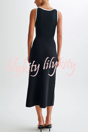 Elegant Slim Fit Crew Neck Buttoned Sleeveless Knit Midi Dress