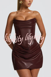 Palmer Faux Leather Pleated Off Shoulder Neck Slit Stretch Mini Dress