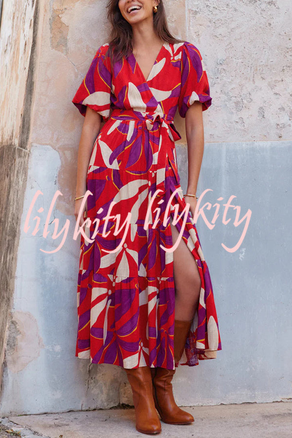 Unique Printed V-neck Puff Sleeves Tie Waist Midi Dress