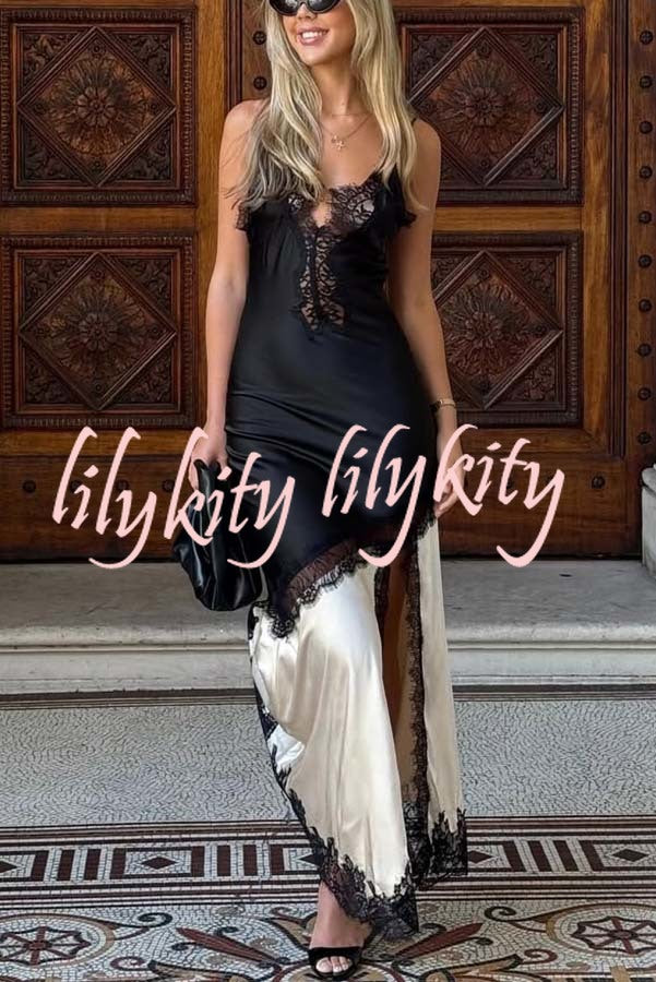 Soft and Romantic Satin Lace Trim Colorblock V-neck Side Slit Maxi Dress