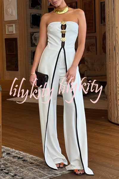 Fashionable Contrast Color Off-shoulder Metal Decoration Casual Elegant Jumpsuit