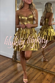 Like A Princess Metallic Fabric Off Shoulder Layered Rusffles Mini Dress