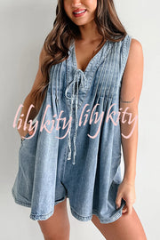 Downtown Daze Denim Pleated Tie-up Pocketed Loose Romper