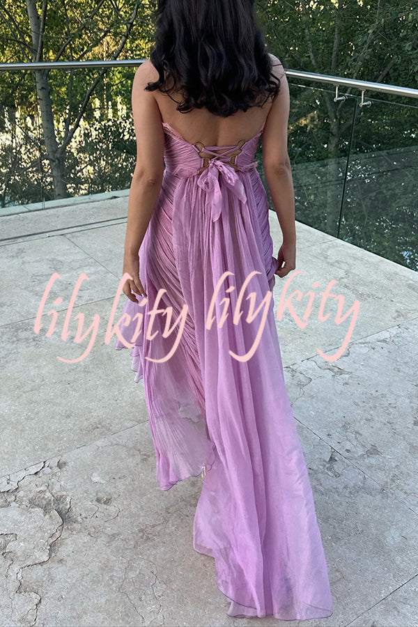 Julie Tulle Lace Trim Off Shoulder Ruched Back Lace-up Drape Slit Maxi Dress
