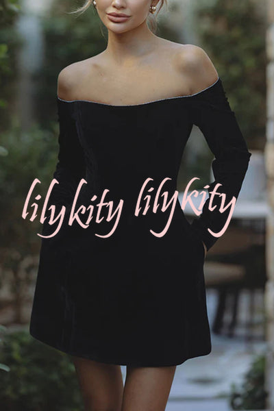 Dear Me Velvet Glitter Trim Off Shoulder Long Sleeve Pocketed Mini Dress