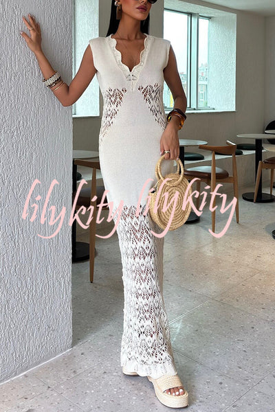 Solid Color Hollow Knitted V-neck Slim Fishtail Maxi Dress
