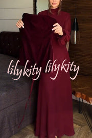 Hildie Chiffon and Two-piece Velvet Lace-up Bra High Neck Long Sleeve Maxi Dress