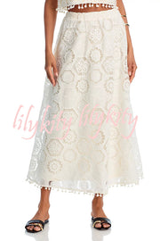 Nice Try Embroidered Crochet Lace Tassle Trim Elastic Waist Midi Skirt