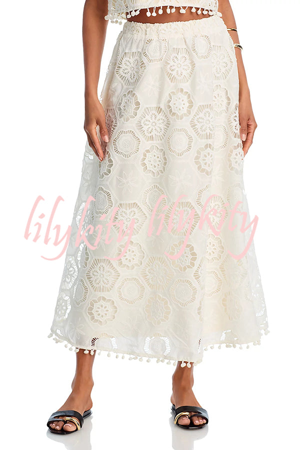Nice Try Embroidered Crochet Lace Tassle Trim Elastic Waist Midi Skirt