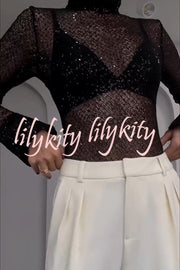 Shimmering Twilight Sequin Turtleneck Long Slit Sleeve H-line Blouse