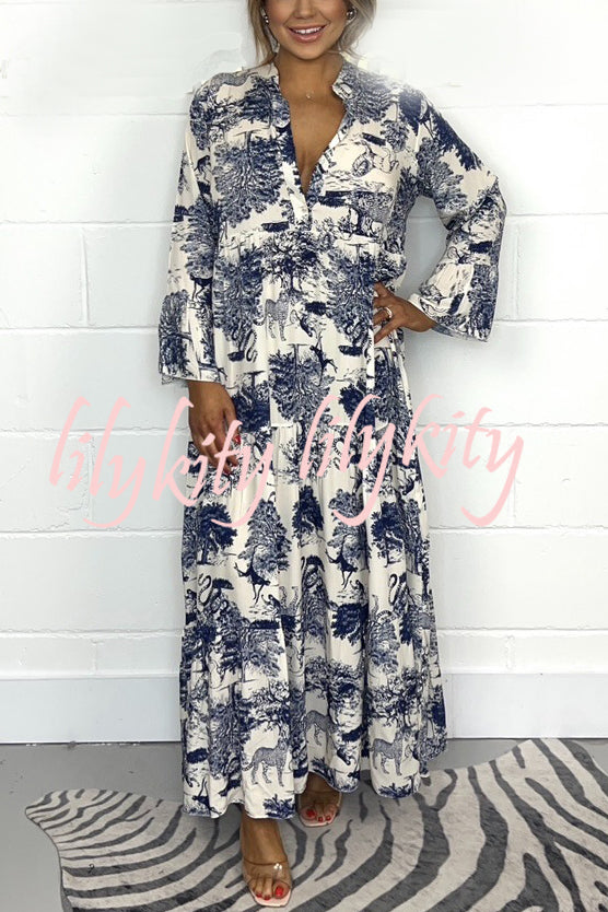 Botanical Print Casual V-neck Trumpet Sleeve Maxi Dress