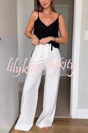 Full of Chic Colorblock Trim Lace-up Waist Pocketed Wide Leg Pants