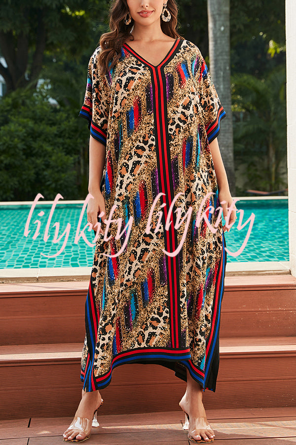 Unique Tie-dye Print V-neck Loose Holiday Cover-up Maxi Dress