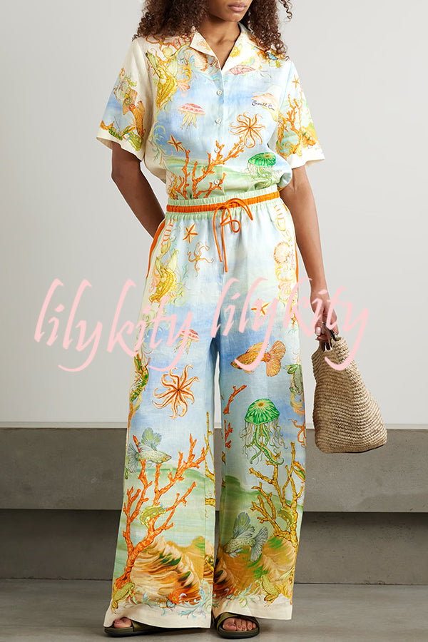 Unique Printed Lapel Short Sleeve Loose Shirt and Elastic Waist Casual Pocket Vacation Pants Set