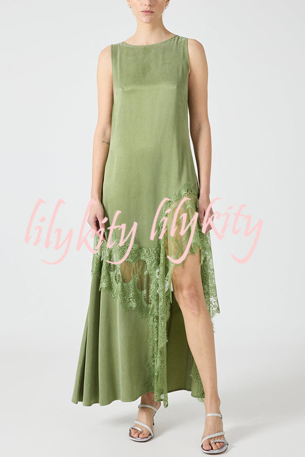 Pretty Soul Satin Lace Trim Wide Neck Irregular Hem Slit Maxi Dress