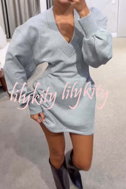 Weekend Stroll Ribbed V-neck Long Sleeve Waisted Sporty Mini Dress