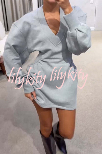 Weekend Stroll Ribbed V-neck Long Sleeve Waisted Sporty Mini Dress