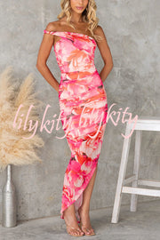 Imposter Mesh Floral Asymmetrical Neck Ruched Stretch Maxi Dress