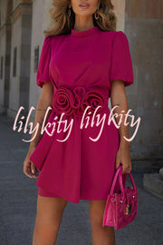 Sweet Surprise Puff Sleeve Rose Ruffles Detail Waist Backless Mini Dress