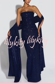 Pandra Glittery Crepe Fabric Off Shoulder Ruched Slit Cape Maxi Dress