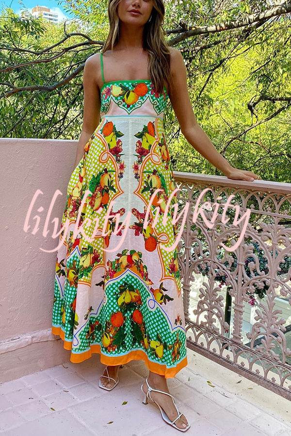 Enjoy Summer Lemon Linen Blend Unique Print Smocked Back Pocket Maxi Dress