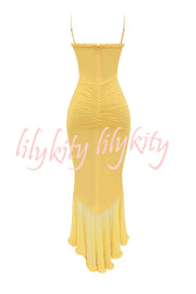 Retro Romantic Style Mesh Ruffle Trim Ruched Slit High Low Maxi Dress