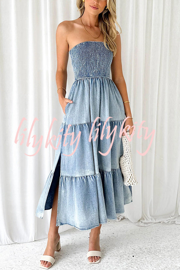 Asmn Off Shoulder Pleated Pocket Paneled Denim Maxi Dress