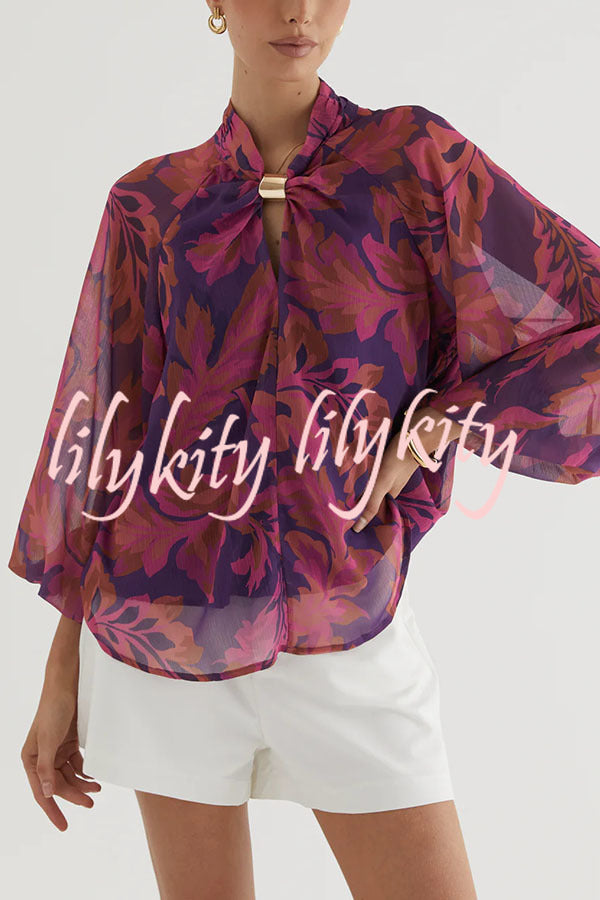 Essentials Printed Gold Cutout Collar Balloon Sleeve Blouse