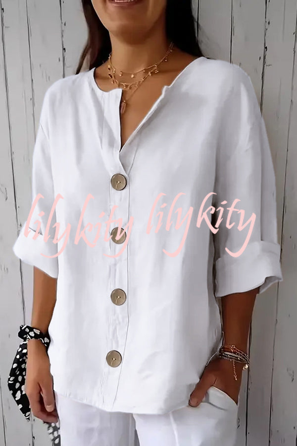 Solid Color V-neck Loose Button Top