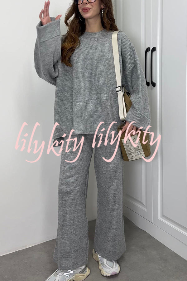 Solid Color Loose Long-sleeved Knit Top and Elastic Waist Casual Straight Leg Pants Set