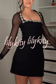 Emmey Jewel Embellished Trim Square-Neck Mesh Long Sleeve Mini Dress