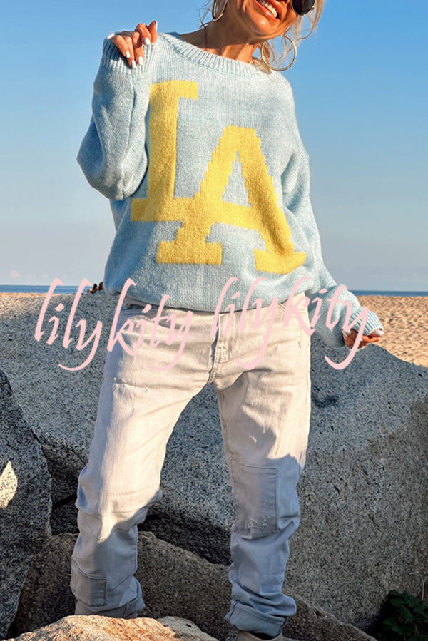 Letter Pattern Crew Neck Long Sleeve Loose Knit Sweater