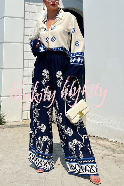 Unique Printed Lapel Long-sleeved Loose Top and Elastic Waist Casual Wide-leg Pants Set