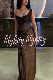 Glitzy Gala Sequin One Shoulder Ruched Slit Maxi Dress