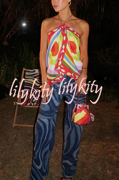 Jaida Swirl Unique Print High Rise Pocket Straight-leg Jeans