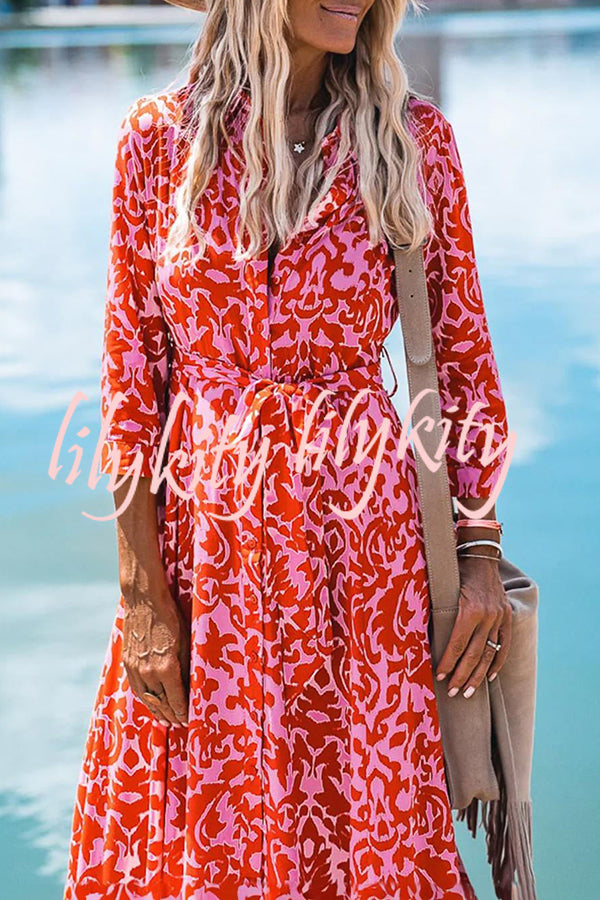 Lapel Slit Floral Print Lace Up Button Maxi Dress