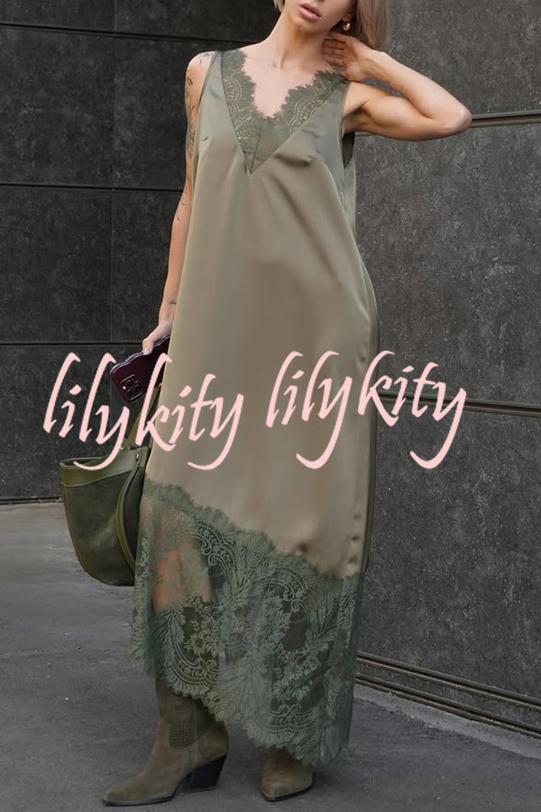 Luxury Winter Satin Lace Trim V-neck Sleeveless H-line Maxi Dress