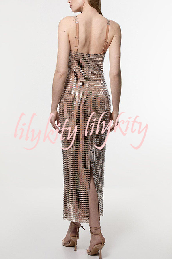 Dazzling Entrance Premium Crystal Embellished Jersey Slit Midi Dress