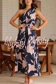 Unique Print Sleeveless One Shoulder Belted Maxi Dress