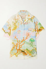 Unique Printed Lapel Short Sleeve Loose Shirt and Elastic Waist Casual Pocket Vacation Pants Set
