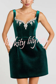 Blair Luxurious Velvet Jewel-encrusted Sweetheart Neck Pocket Tulip Stretch Mini Dress