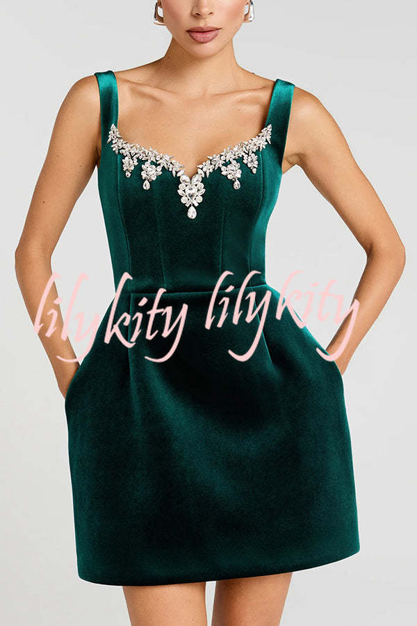Blair Luxurious Velvet Jewel-encrusted Sweetheart Neck Pocket Tulip Stretch Mini Dress
