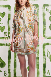 Antibes Unique Printed Loose Button-down Shirt and Pocket Elastic Waist Shorts Set