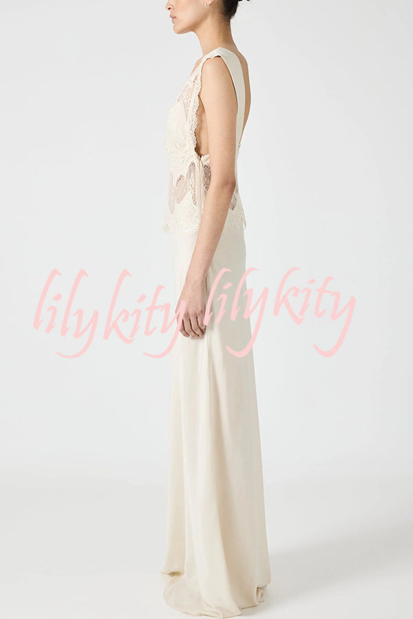 Wonderful Fusion Satin Lace Trim See-through Waist V-neck Drape Maxi Dress