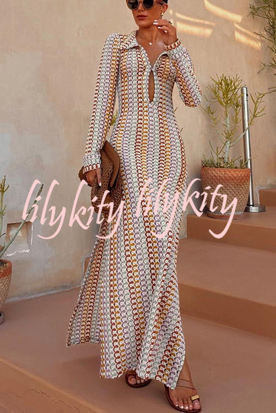 Bondi Beach Knit Colorful Wave Print Long Sleeve Vacation Maxi Dress