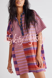 Contrast Striped Patchwork Denim Lapel Loose Casual Mini Dress