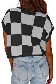 Fashionable Checkerboard Color Block Short-sleeved Loose Sweater