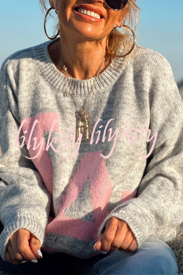 Letter Pattern Crew Neck Long Sleeve Loose Knit Sweater